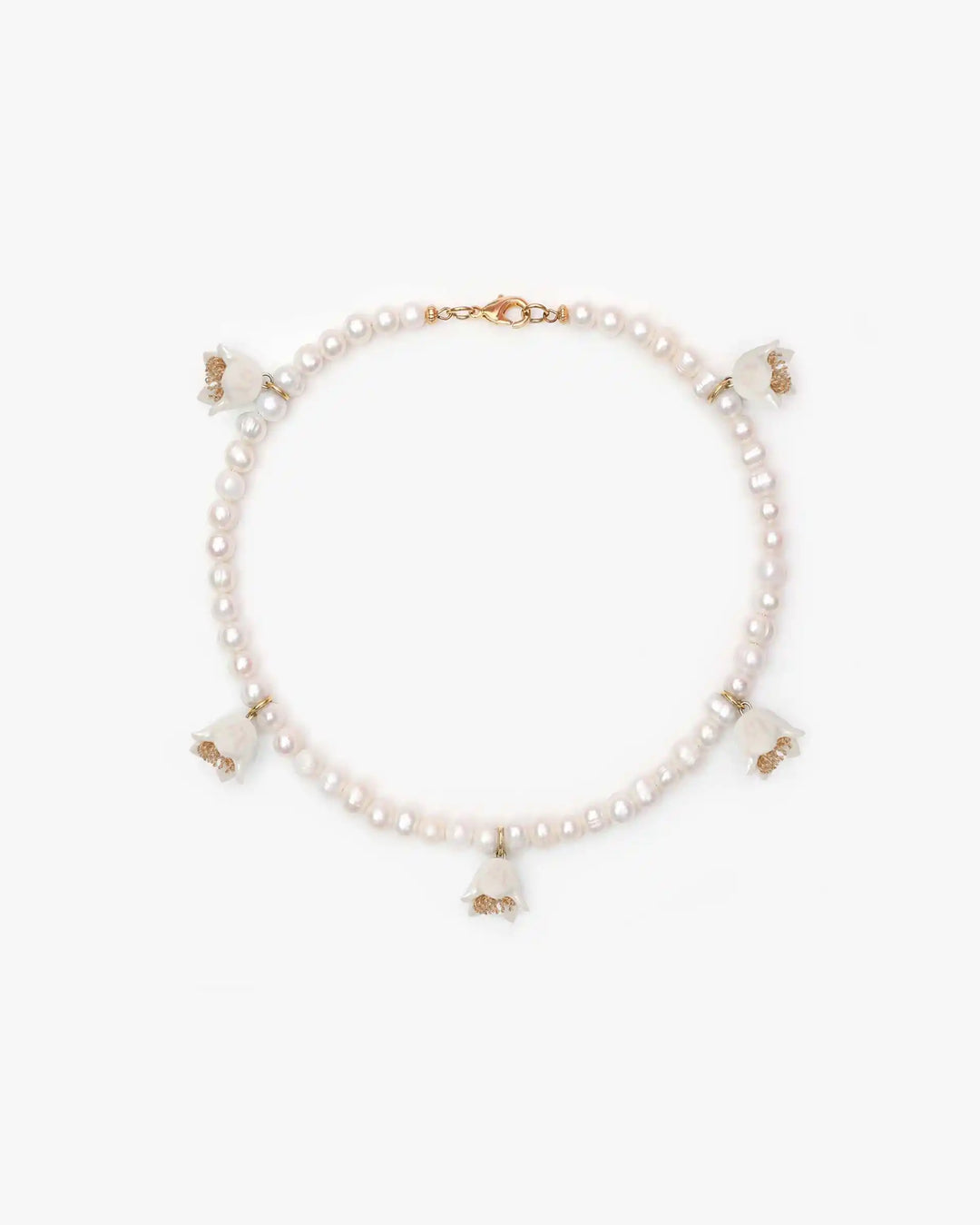 Polysk Necklace with Medium Pearls and Small White Bellflowers