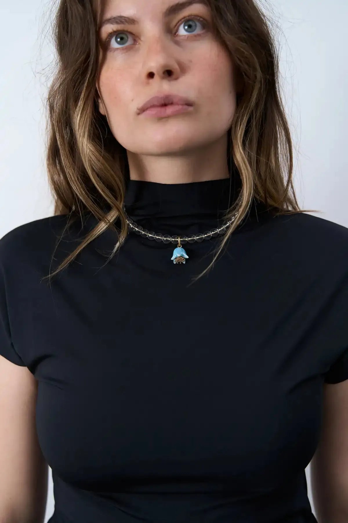 Polysk Necklace with Crystal and Small Sky Blue Bellflower
