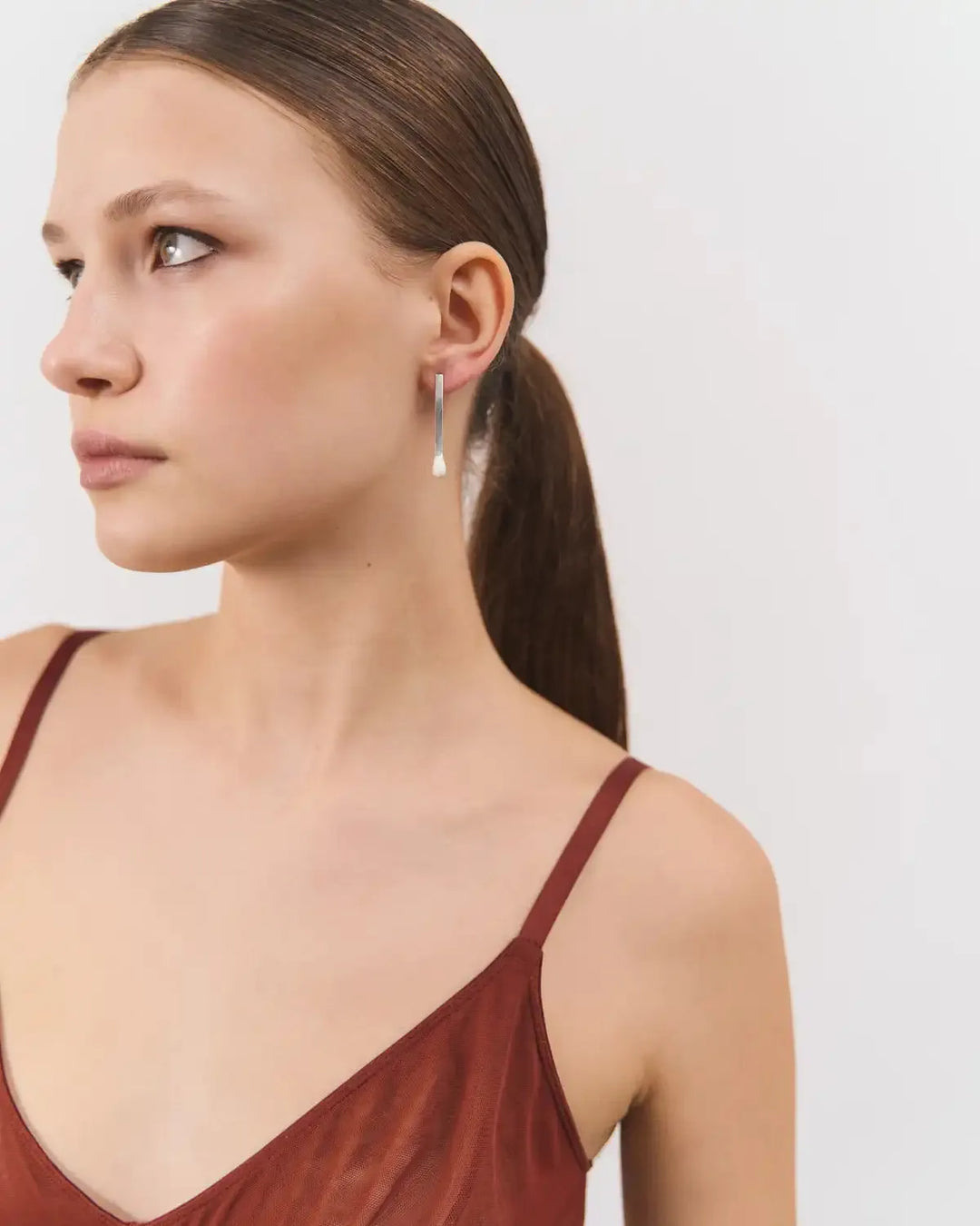 6.674 Earring in Long Silver Matchstick Shape with White Enamel