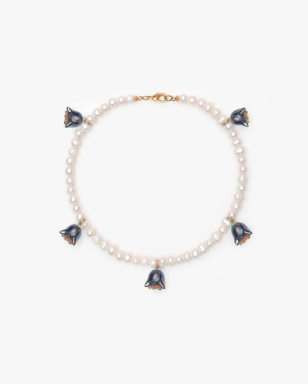 Polysk Necklace with Medium Pearls and Small Blue Bellflowers
