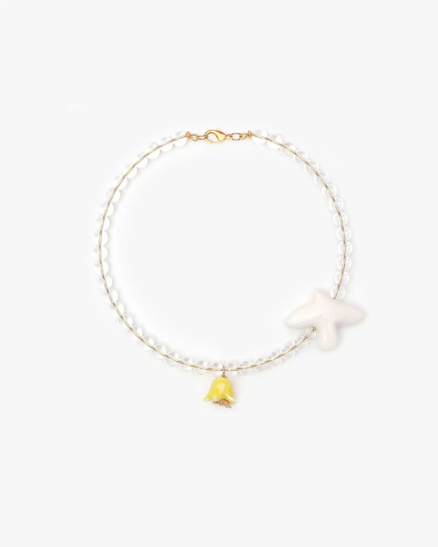 POLYSK necklace with crystal, bird, and yellow bell flower