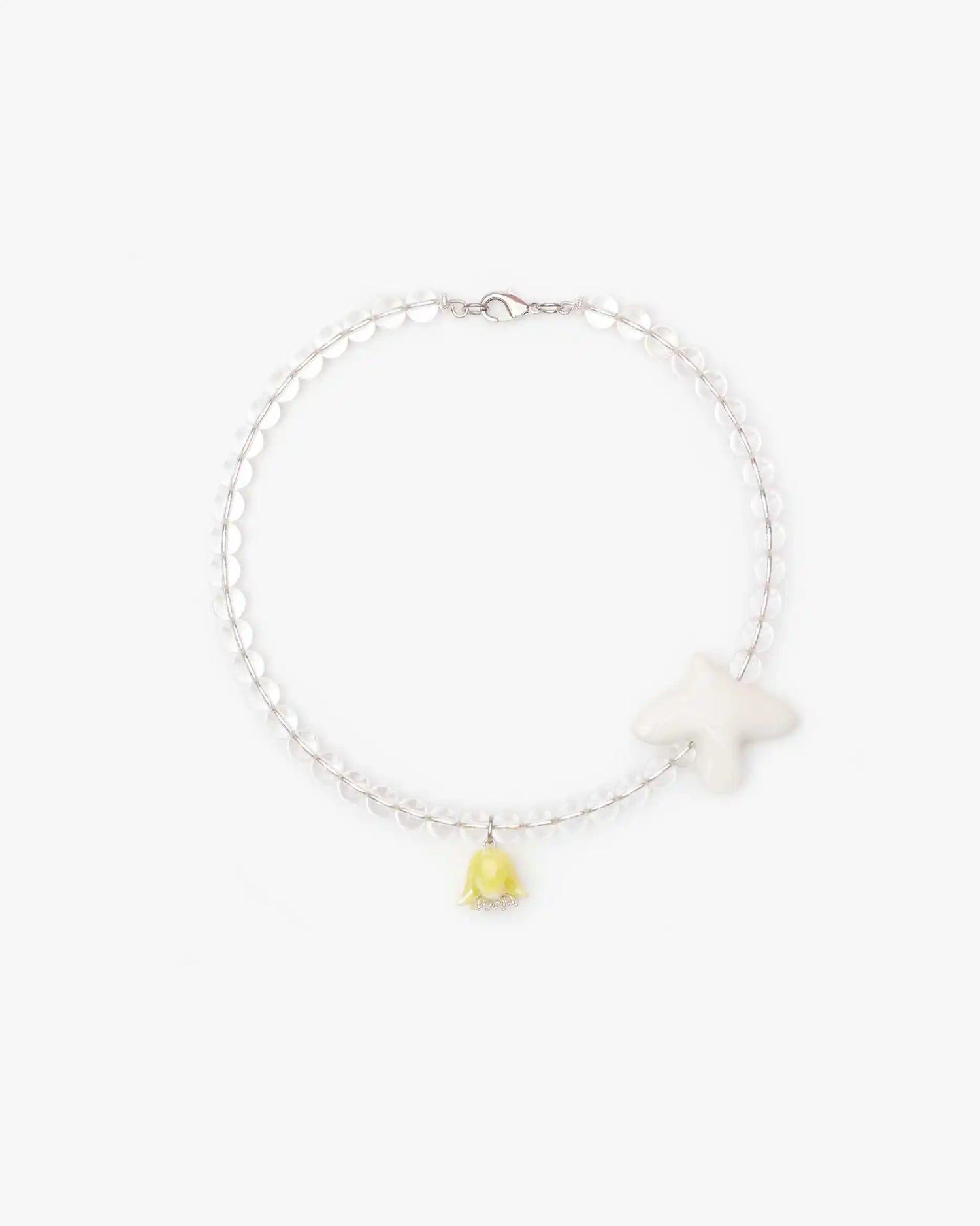 POLYSK necklace with crystal, bird, and yellow bell flower