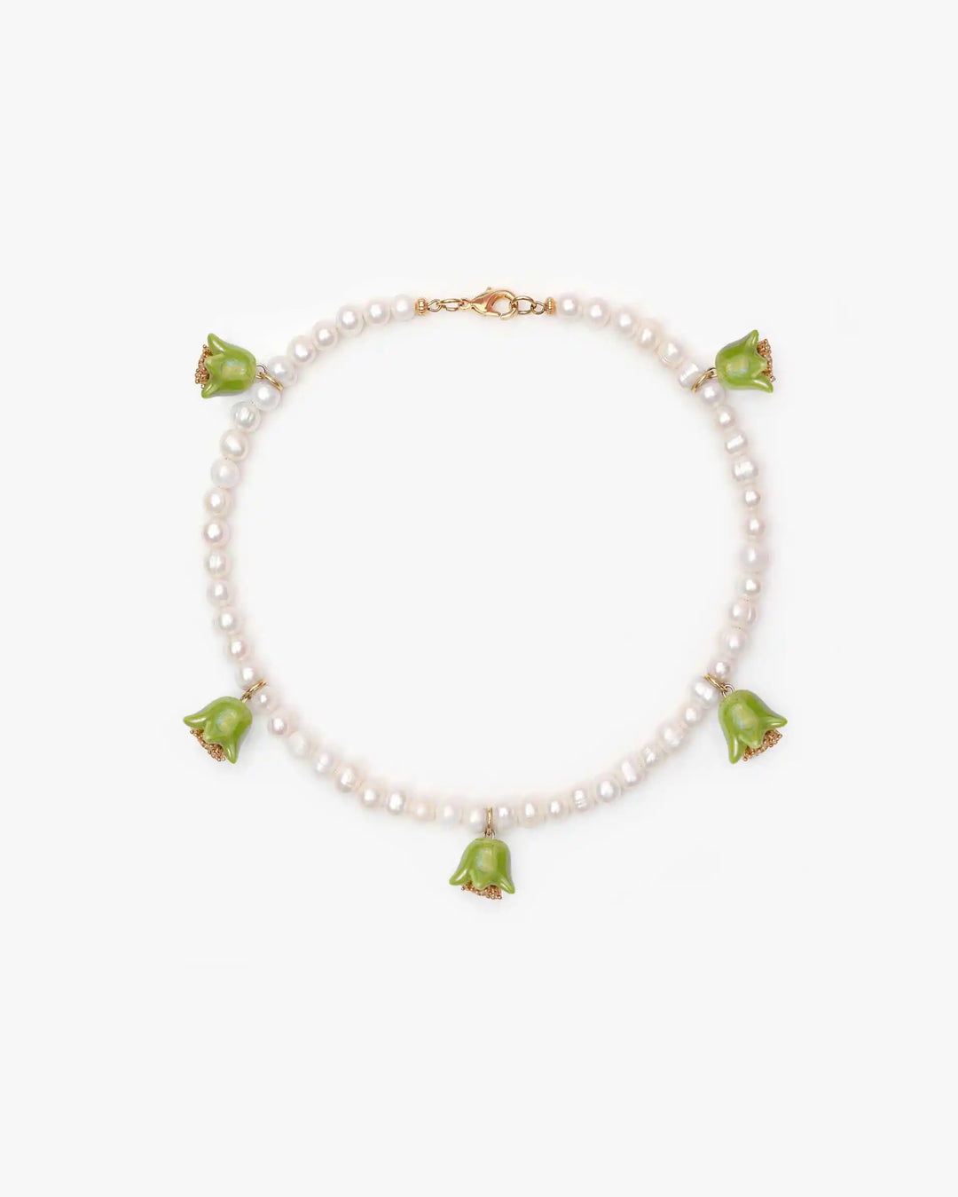 Polysk Necklace with Medium Pearls and Small Green Bellflowers