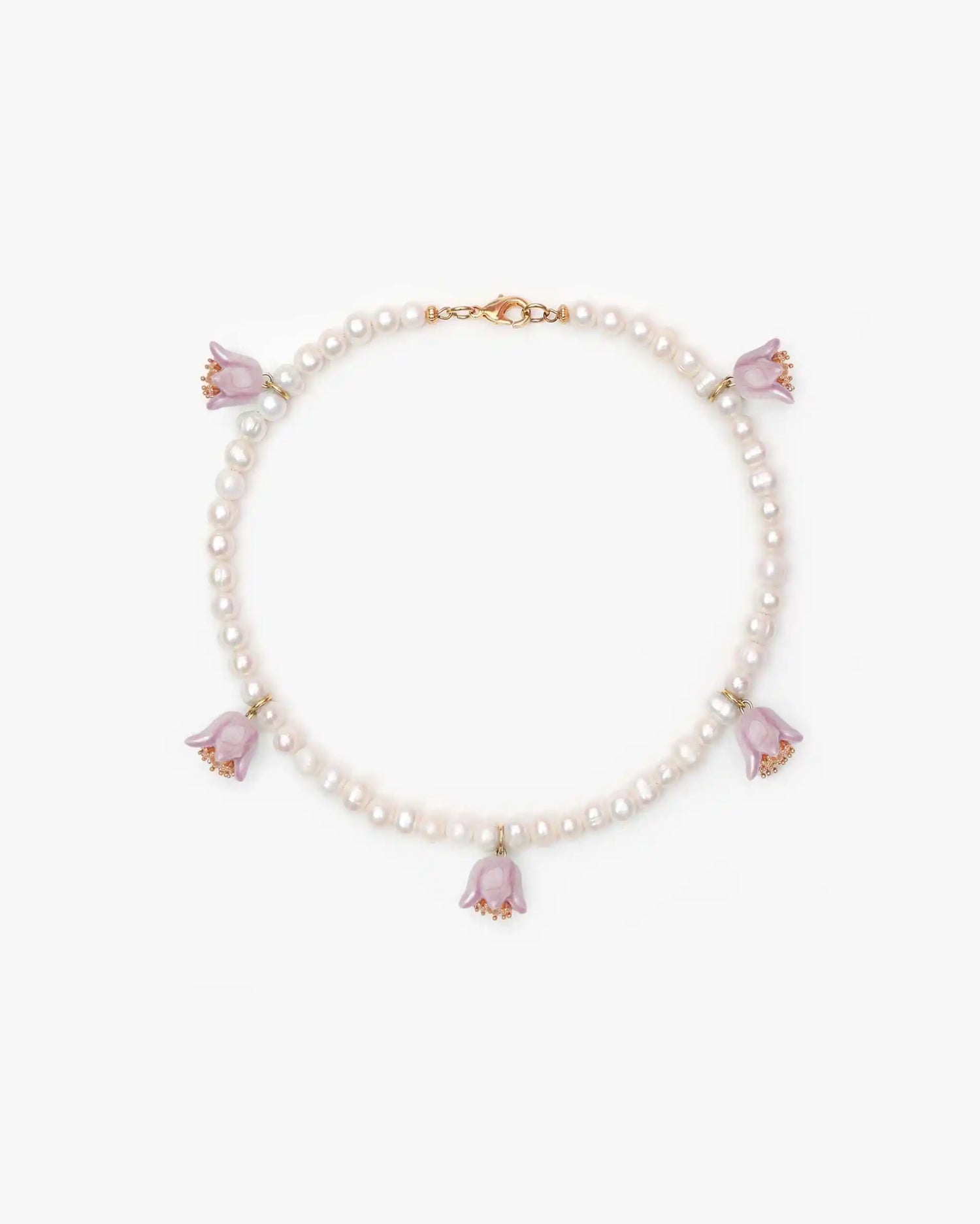 Polysk Necklace with Medium Pearls and Small Lilac Bellflowers