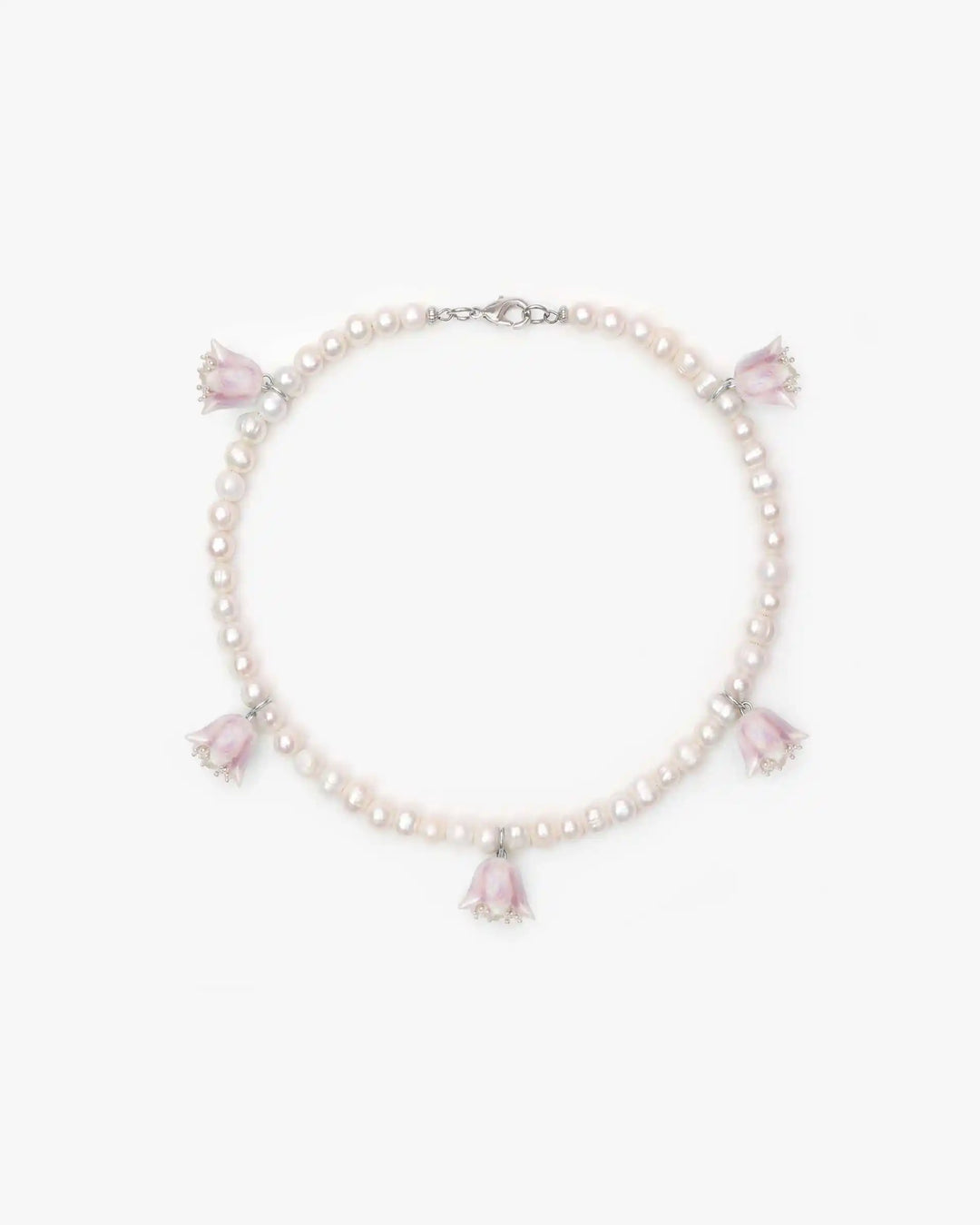 Polysk Necklace with Medium Pearls and Small Lilac Bellflowers