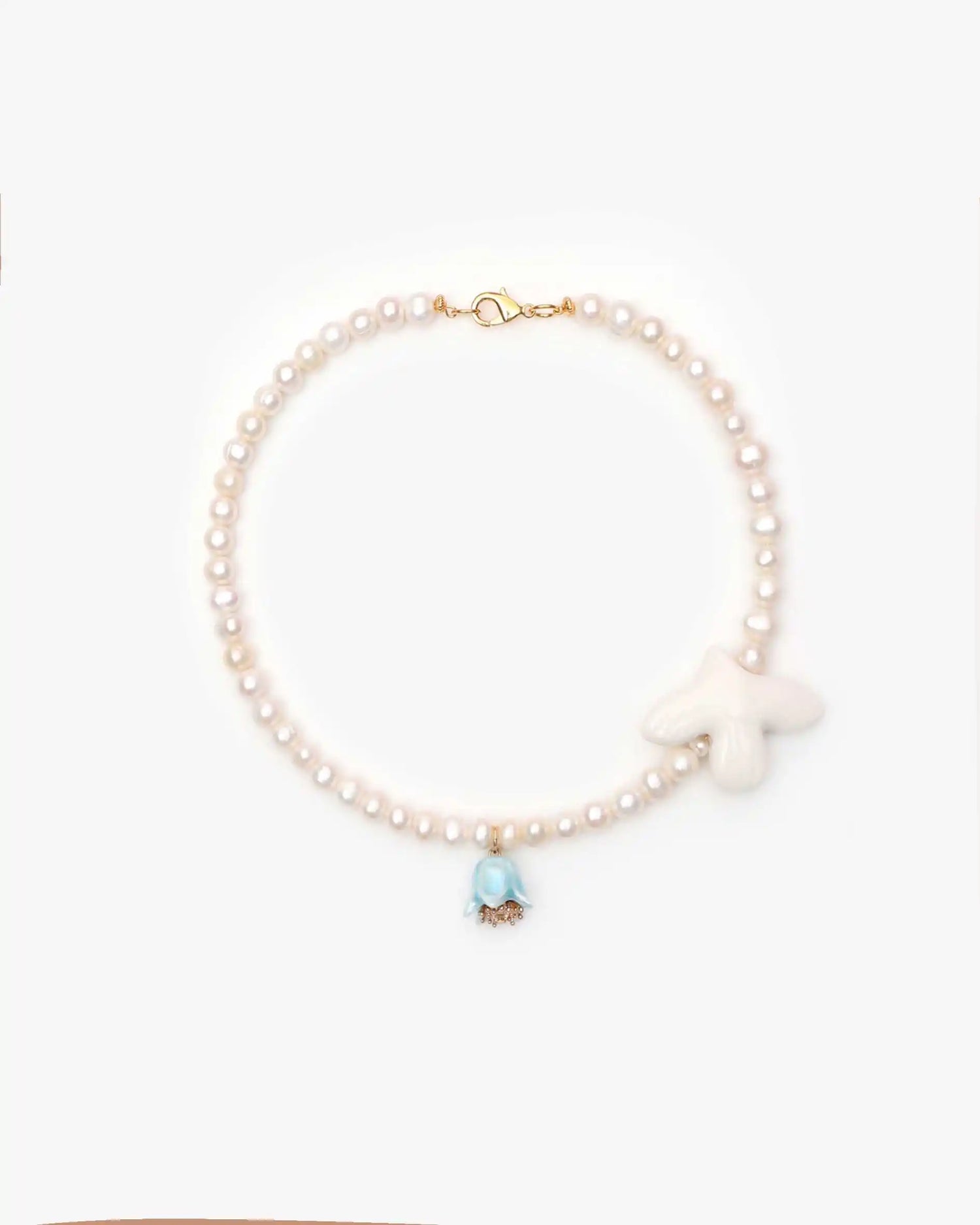 Polysk Necklace with Medium Pearls, Bird and Small Sky Blue Bellflower