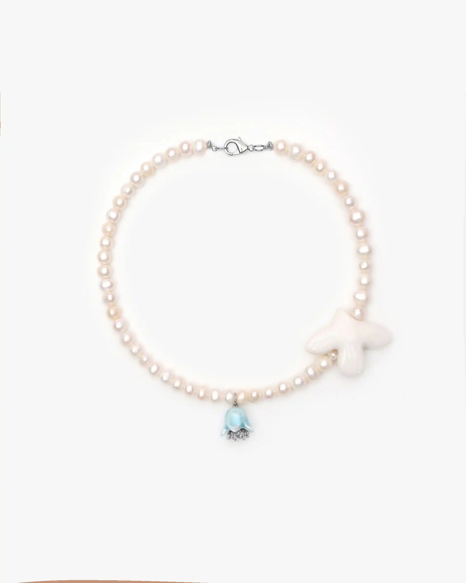 Polysk Necklace with Medium Pearls, Bird and Small Sky Blue Bellflower