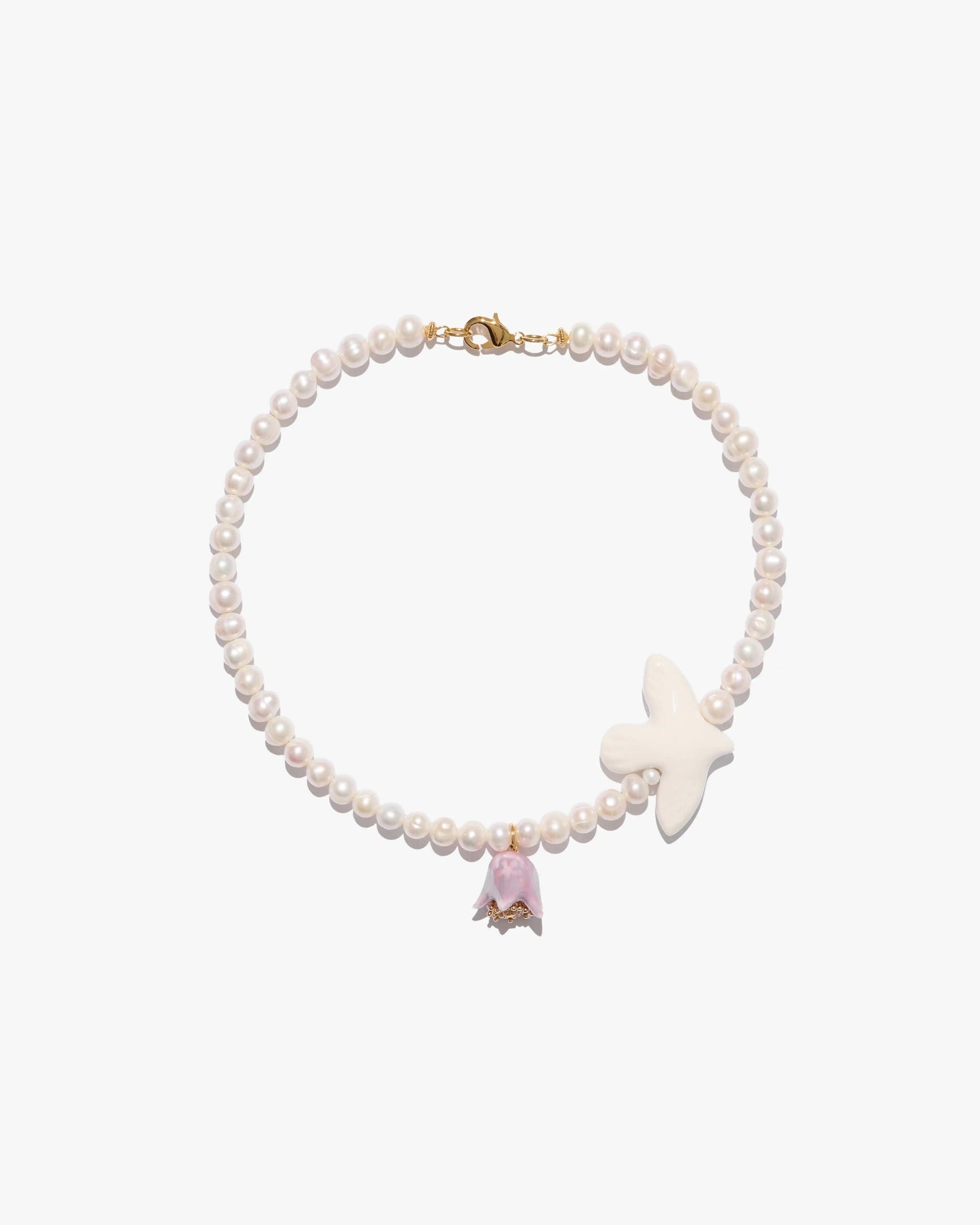 Polysk Necklace with Medium Pearls, Bird and Small Lilac Bellflower