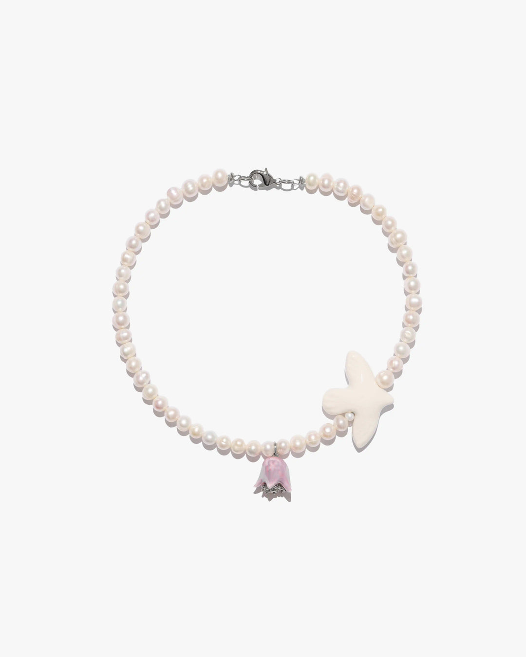 Polysk Necklace with Medium Pearls, Bird and Small Lilac Bellflower