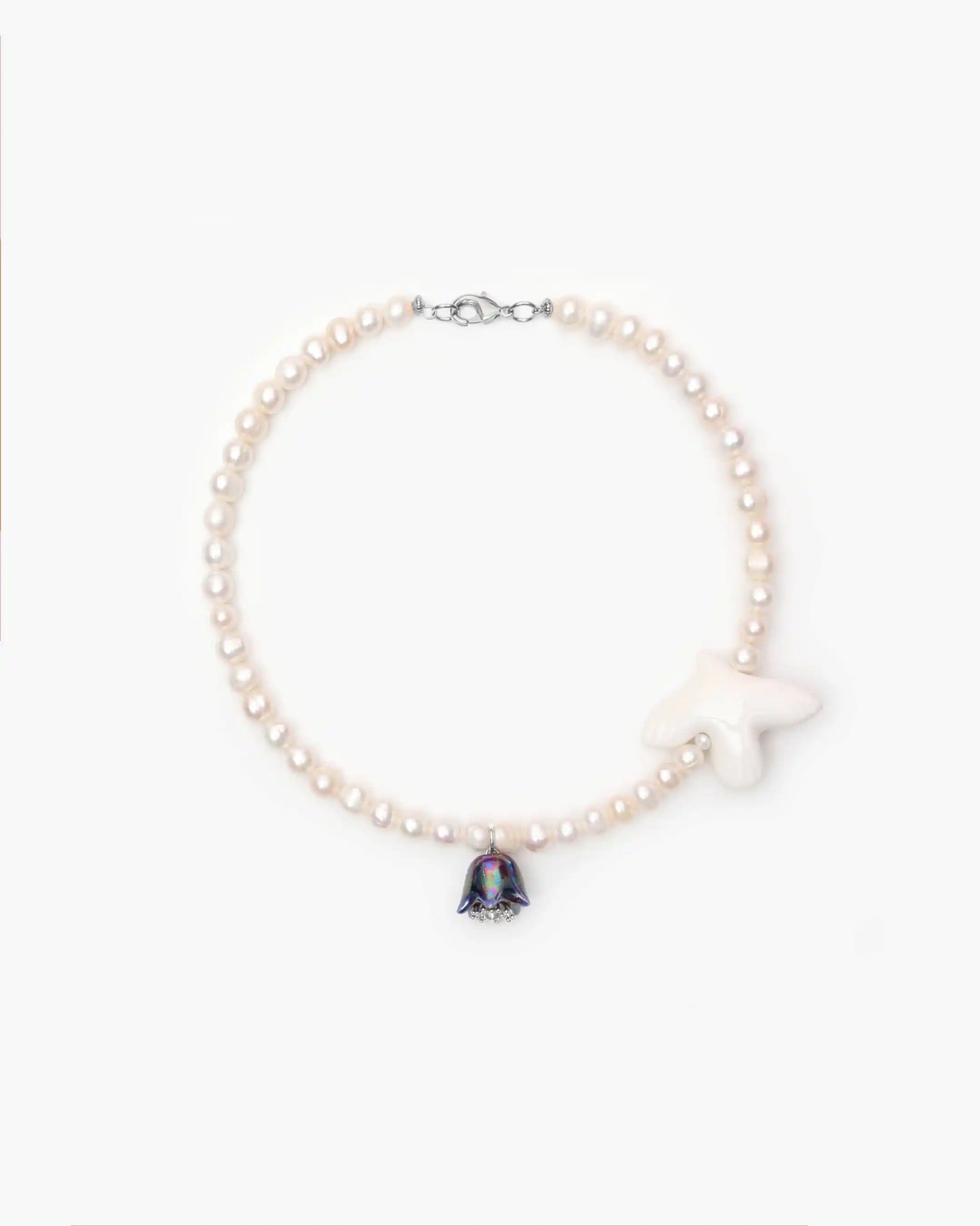 Polysk Necklace with Medium Pearls, Bird and Small Blue Bellflower