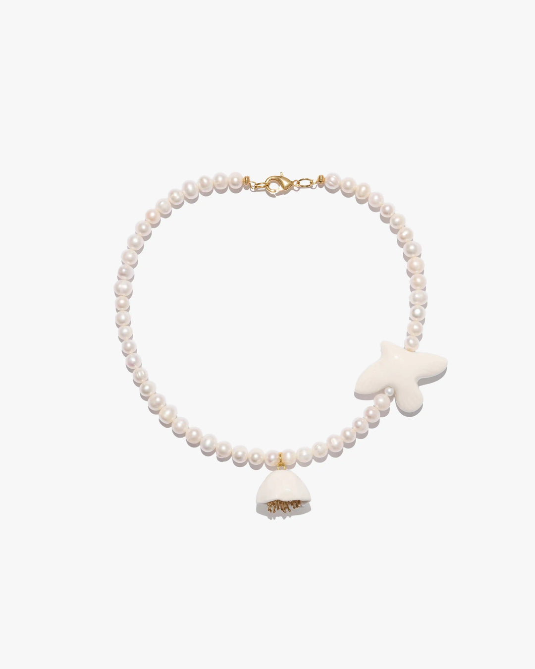 Polysk Necklace with Medium Pearls, Bird and Poppy