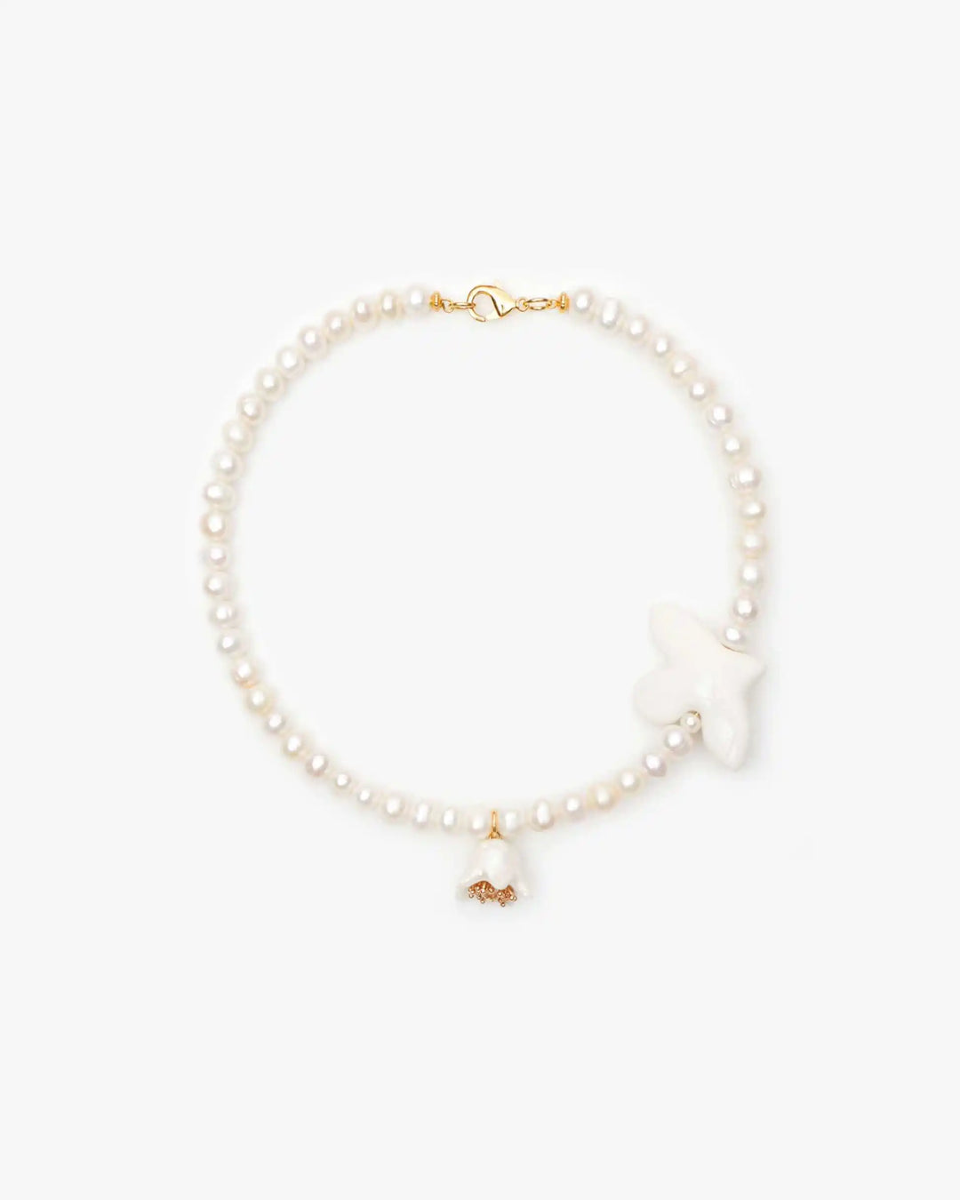 Polysk Necklace with Medium Pearls, Bird and Small White Bellflower