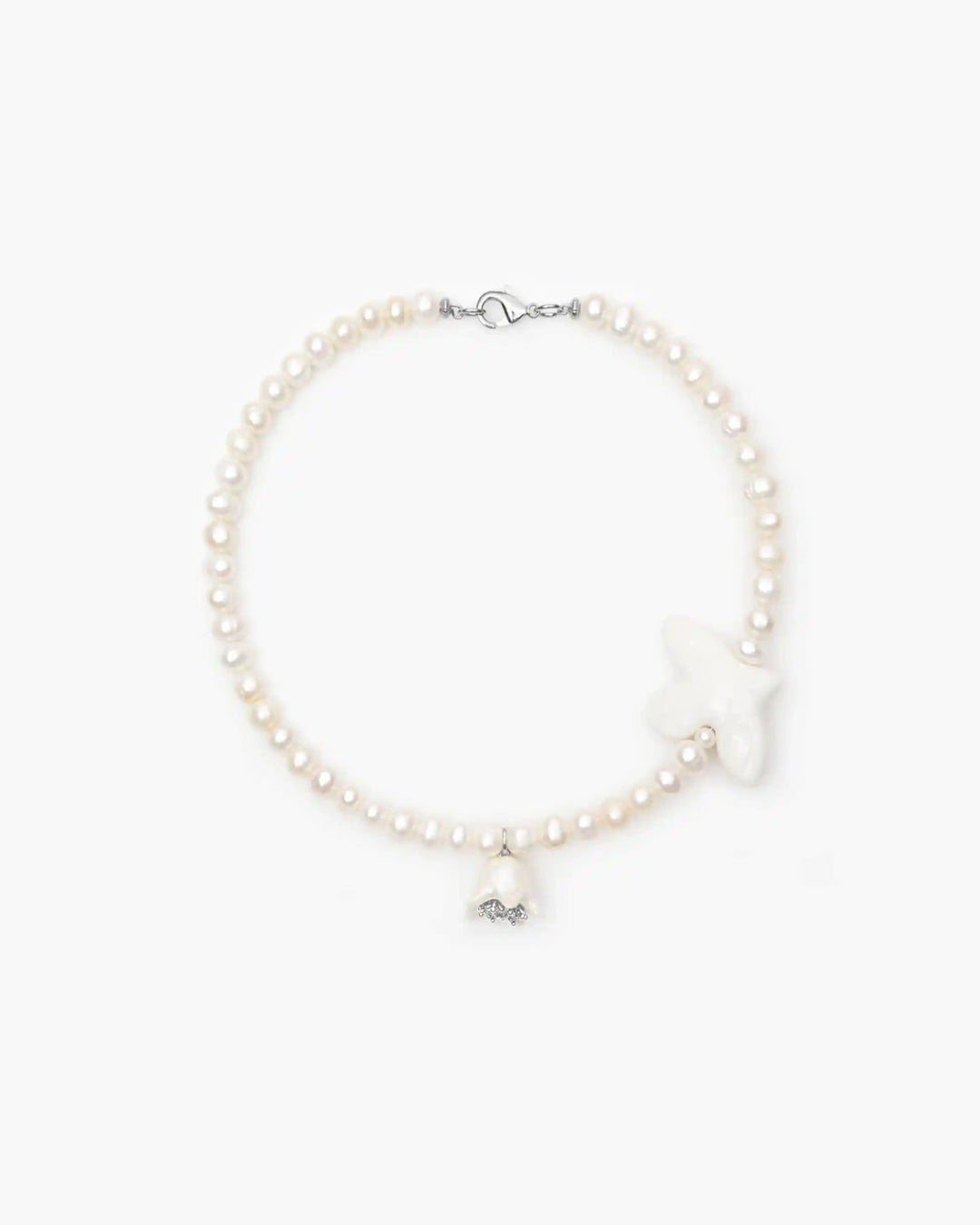Polysk Necklace with Medium Pearls, Bird and Small White Bellflower