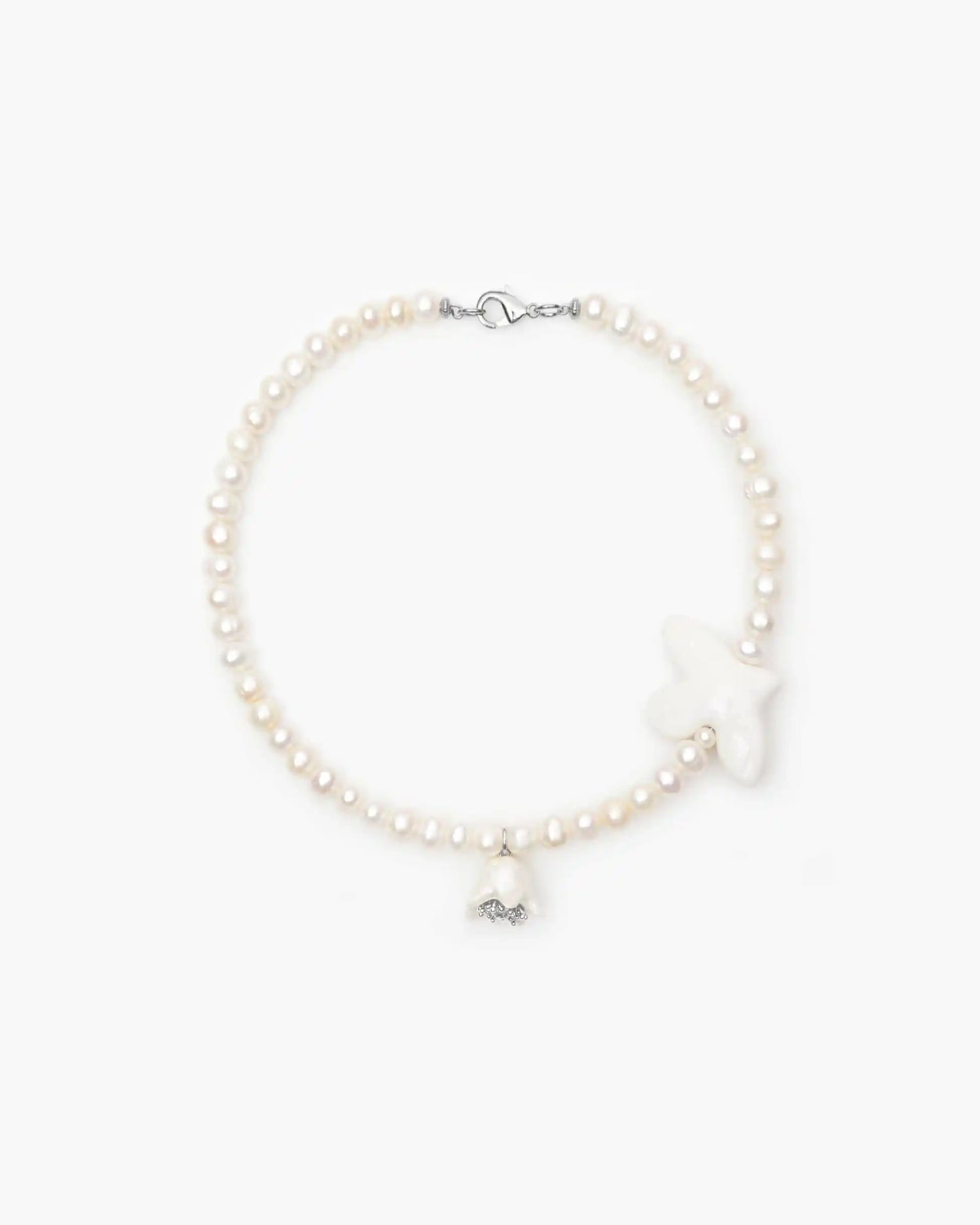 Polysk Necklace with Medium Pearls, Bird and Small White Bellflower