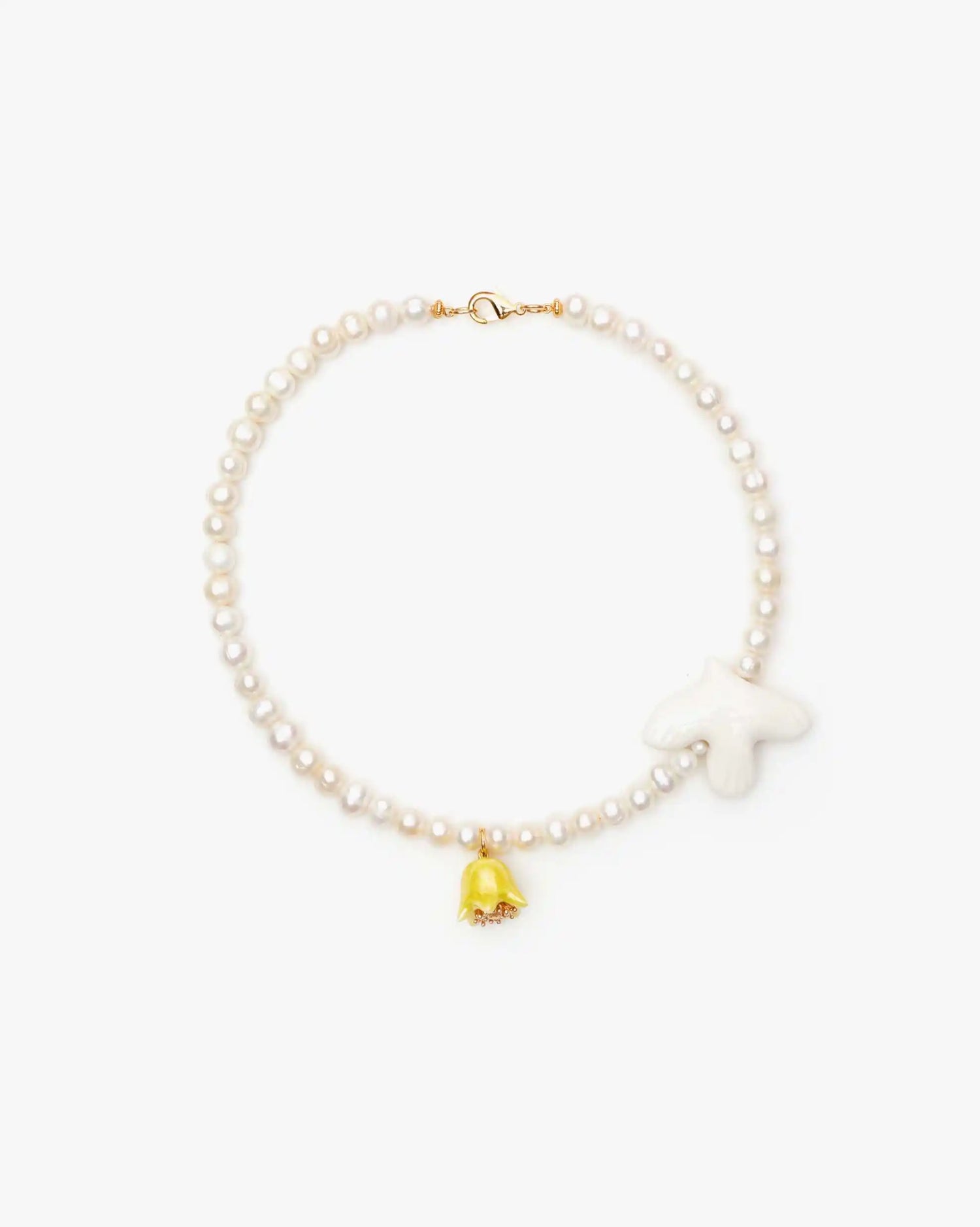 Polysk Necklace with Medium Pearls, Bird and Small Yellow Bellflower