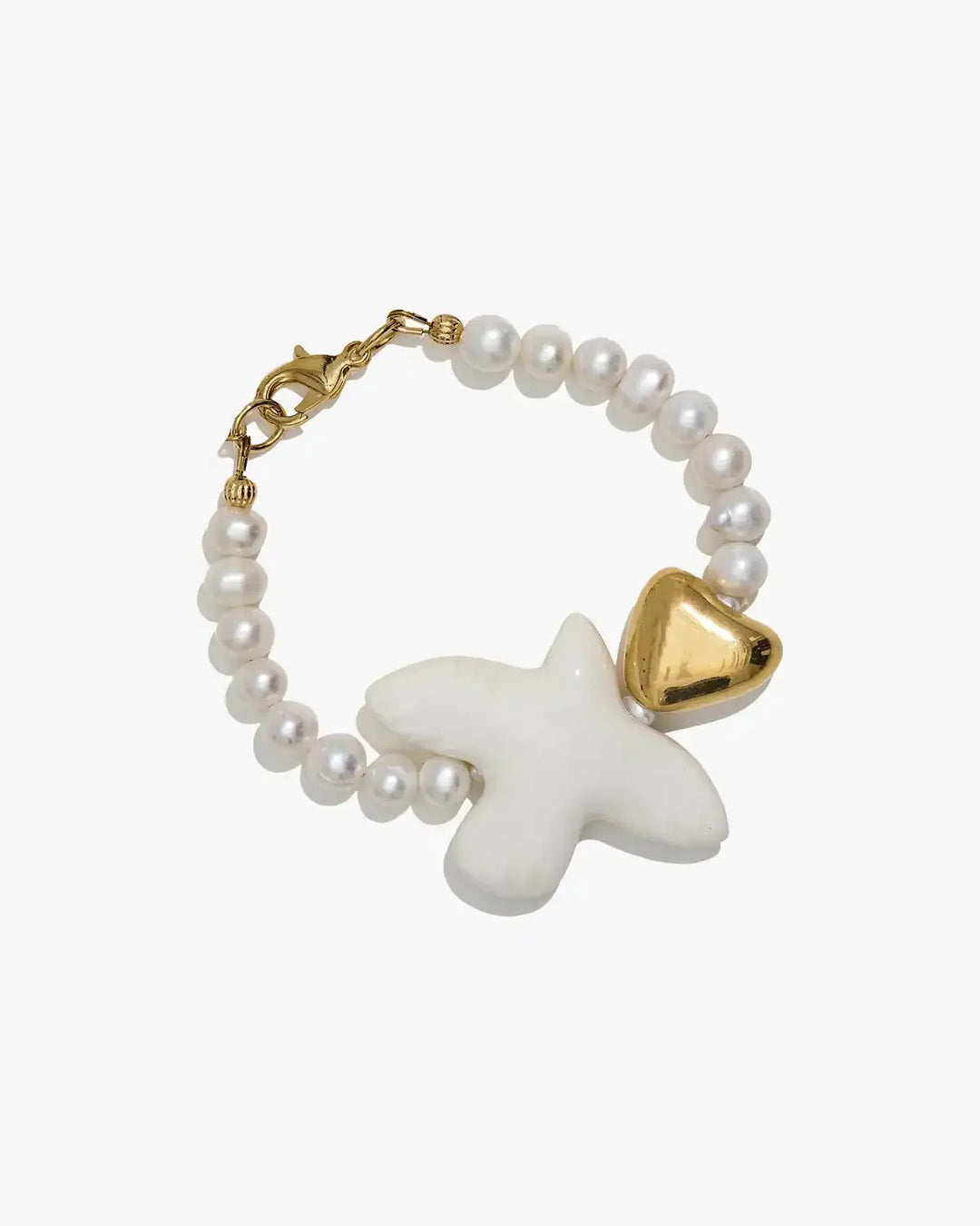 Skarb Bracelet with Medium Pearls, Gold-Coated Heart and Bird